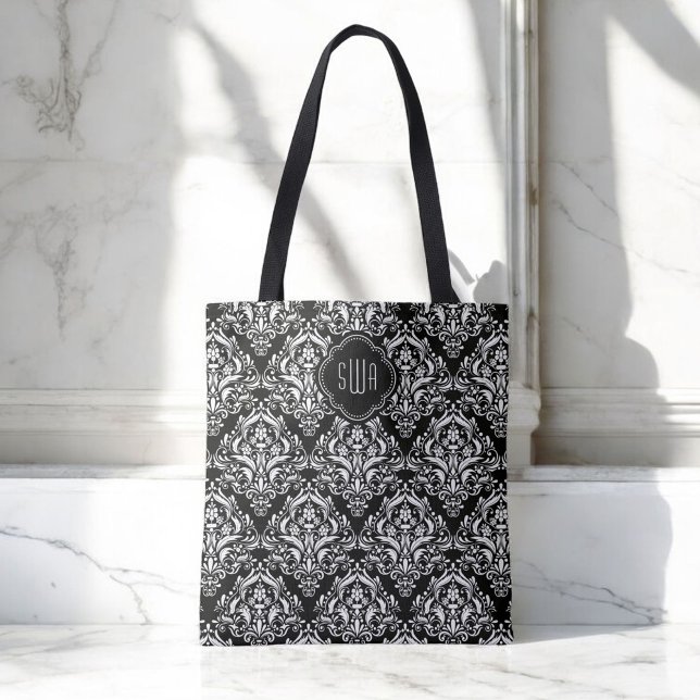 Svart och vitt skademönster med Monogram Tygkasse (Personalize this elegant tote with your monogram initials.)