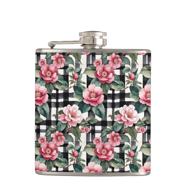 Svart och vitt skäggigt med Rosa Camellias av läde Fickplunta (Framsidan)