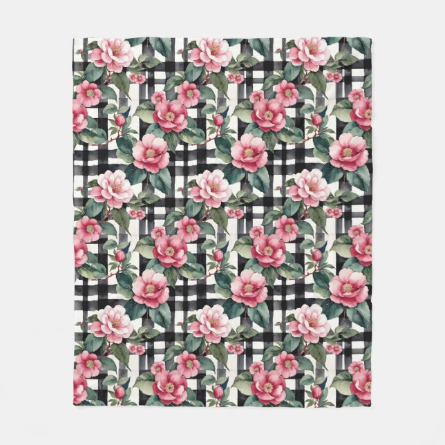 Svart och vitt skäggigt med Rosa Camellias av läde Fleecefilt (Framsidan)