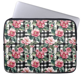 Svart och vitt skäggigt med Rosa Camellias av läde Laptop Fodral
