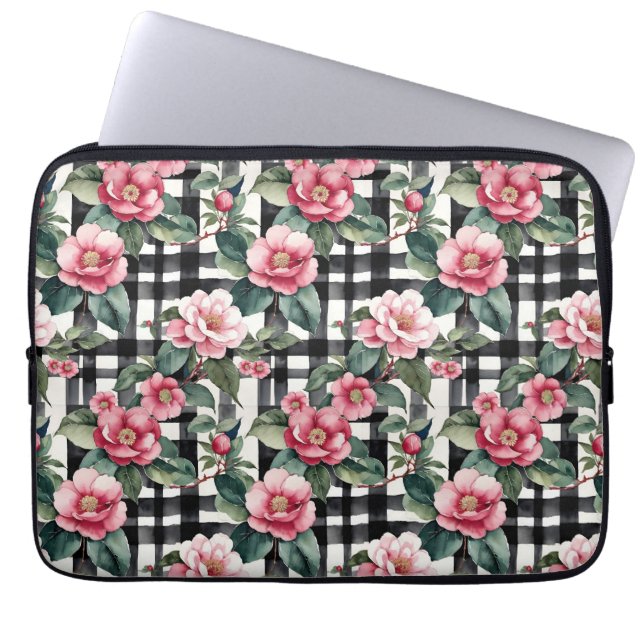 Svart och vitt skäggigt med Rosa Camellias av läde Laptop Fodral (Framsidan)