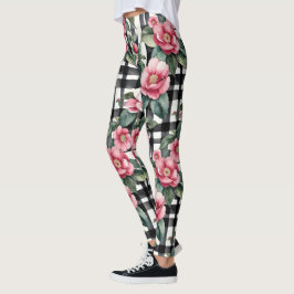 Svart och vitt skäggigt med Rosa Camellias av läde Leggings