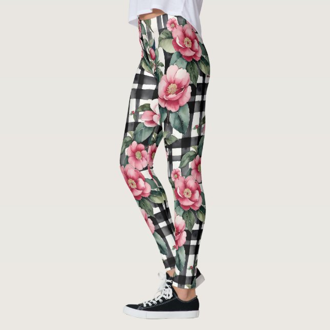 Svart och vitt skäggigt med Rosa Camellias av läde Leggings (Vänster)