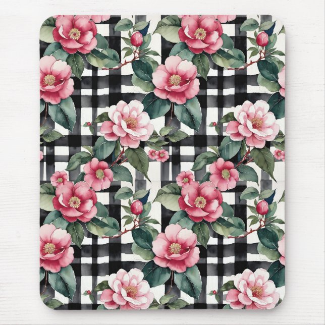 Svart och vitt skäggigt med Rosa Camellias av läde Musmatta (Framsidan)