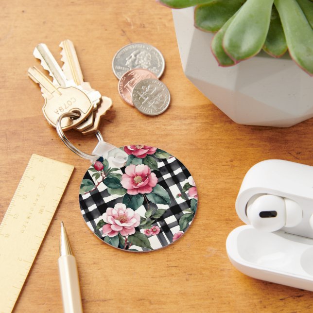 Svart och vitt skäggigt med Rosa Camellias av läde Nyckelring (Skrivbord)