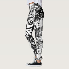 Svart och vitt skinn med tryckt graffiti Art Leggings