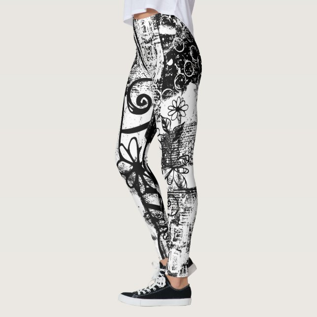 Svart och vitt skinn med tryckt graffiti Art Leggings (Vänster)