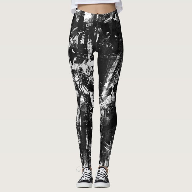 Svart och vitt skinn med tryckt graffiti Art Leggings (Framsida)