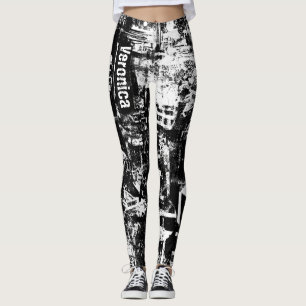 Svart och vitt skinn med tryckt graffiti Art Leggings