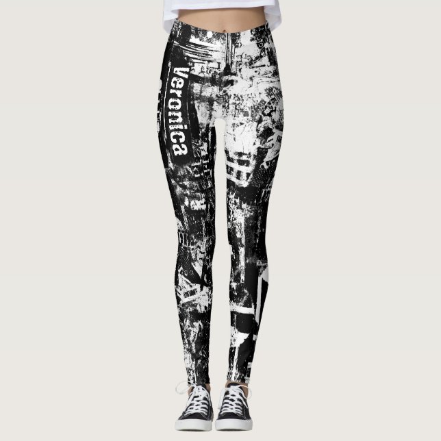 Svart och vitt skinn med tryckt graffiti Art Leggings (Framsida)