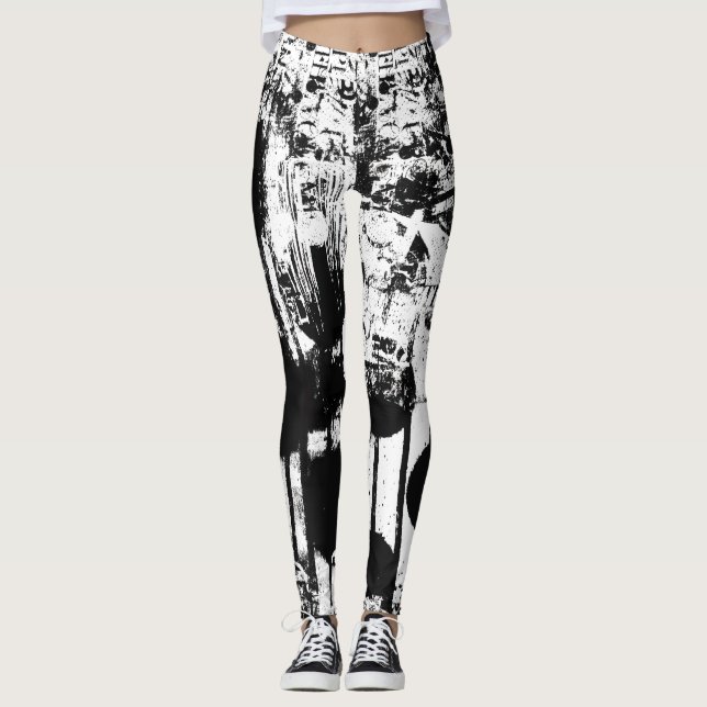 Svart och vitt skinn med tryckt graffiti Art Leggings (Framsida)