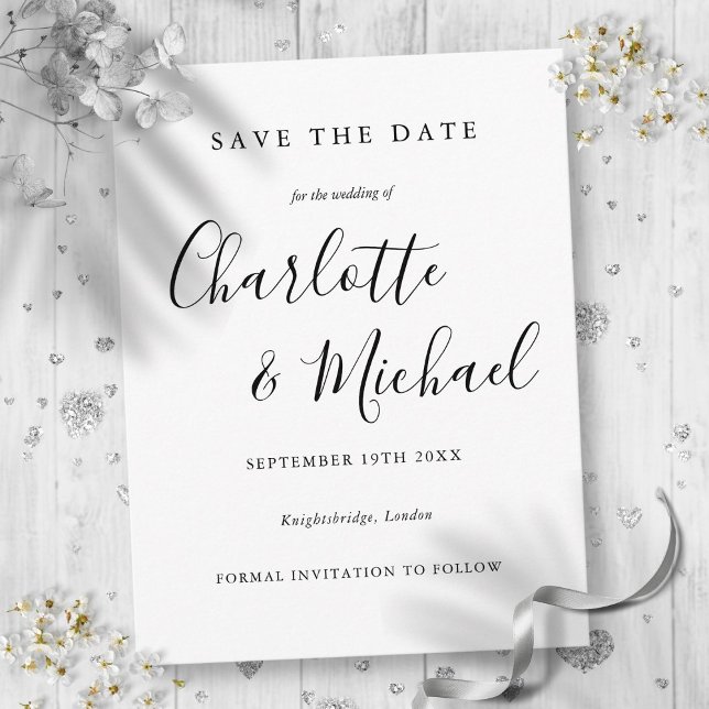 Svart och vitt skript-Bröllop spara datum-kort Vykort (Black And White Script Wedding Save the Date Card)