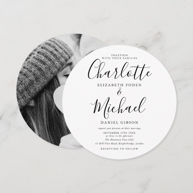 Svart och vitt skript, cirkulärt foto Bröllop Inbjudningar (Fram/baksida)