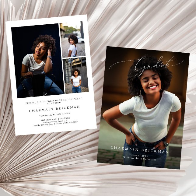 Svart och vitt skript fotokollage examen inbjudningar (Skapare uppladdad)