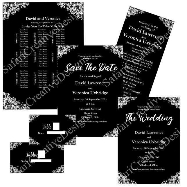 Svart och vitt Snöre sparar datuminbjudan Inbjudningar (White on black lace wedding collection. Customizable collection of wedding invitations etc.)