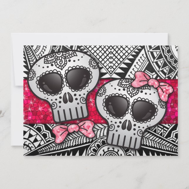 Svart och vitt socker Skull Bröllop Glitter Inbjudningar (Baksida)