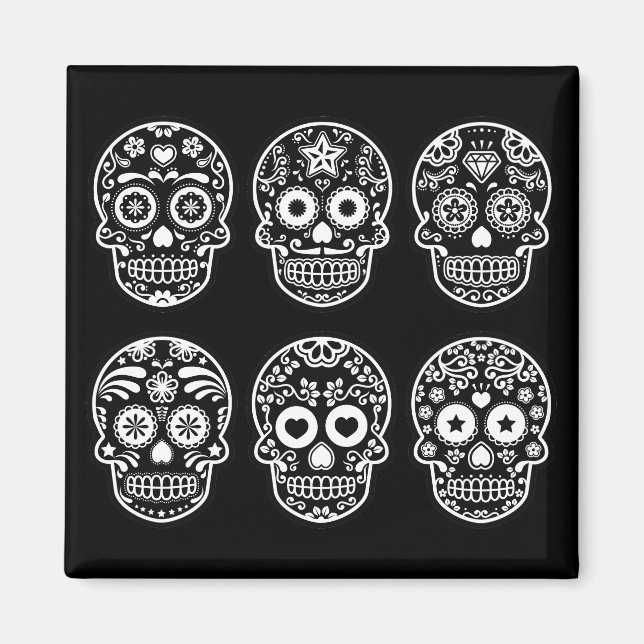 Svart och vitt socker Skull Magnet (Framsidan)
