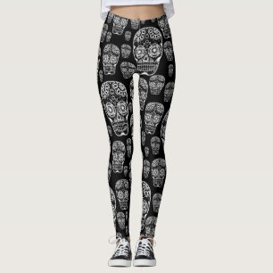 Svart och vitt socker Skullskinn Leggings