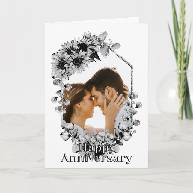 Svart och vitt solrosfoto-jubileum kort (Framsida)