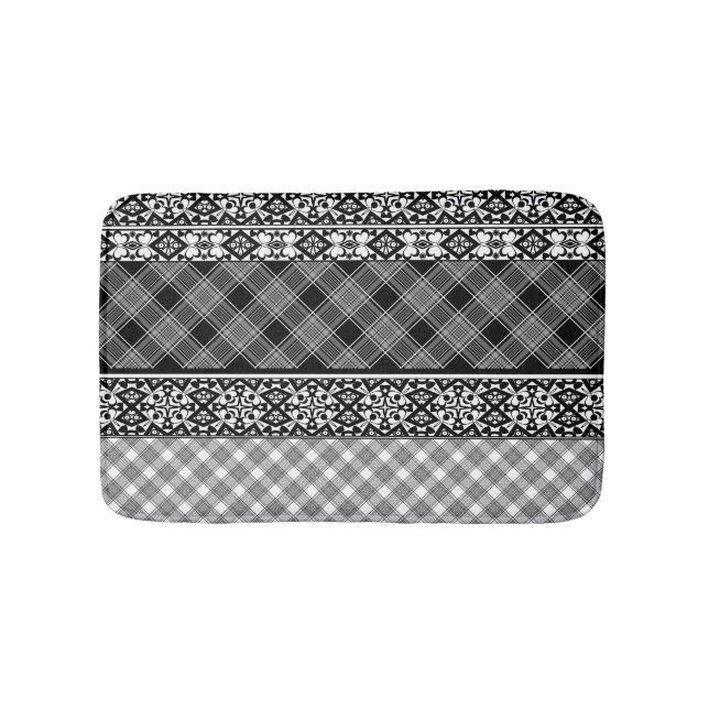 Svart och vitt strimlat lappverk med snöre badrumsmatta (Framsidan)