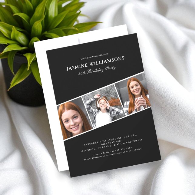 Svart och vitt tre fotokollage-födelsedagar inbjudningar (Skapare uppladdad)