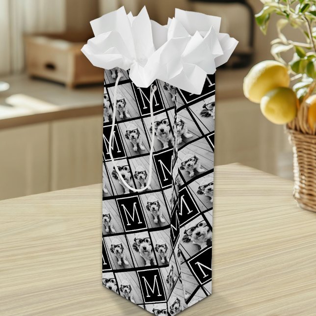 Svart och vitt Trendig Photo Collage med Monogram (Custom Gift Bag with Multiple Photos)