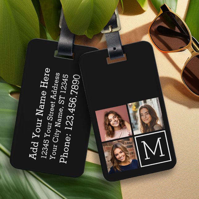 Svart och vitt Trendig Photo Collage med Monogram Bagagebricka (Custom Luggage Tag)