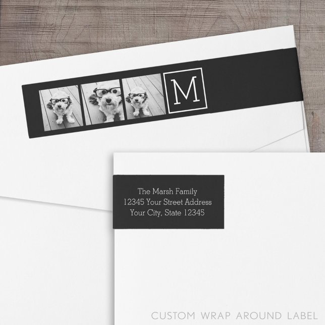 Svart och vitt Trendig Photo Collage med Monogram Etikettband (Custom Return Address Label with a Wrap Around Feature)