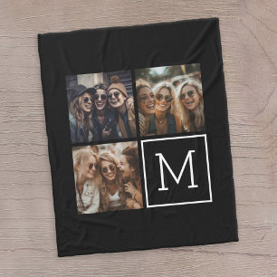 Svart och vitt Trendig Photo Collage med Monogram Fleecefilt