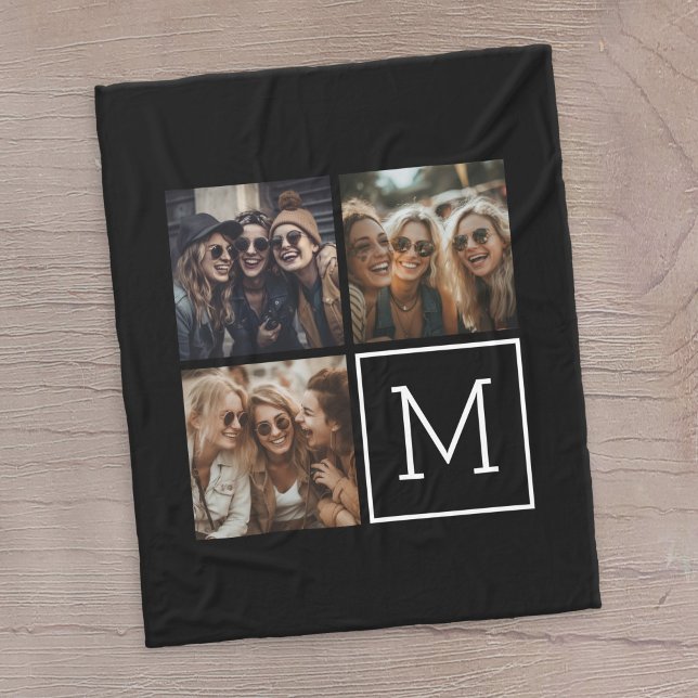 Svart och vitt Trendig Photo Collage med Monogram Fleecefilt (3 Photo personalized blanket)