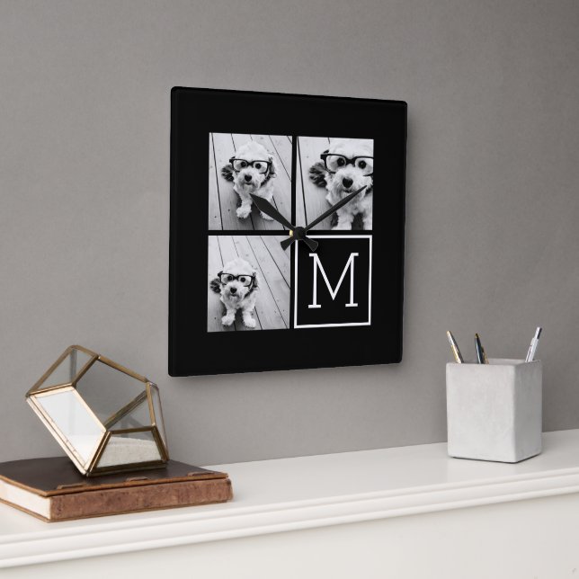 Svart och vitt Trendig Photo Collage med Monogram Fyrkantig Klocka (Kontor)