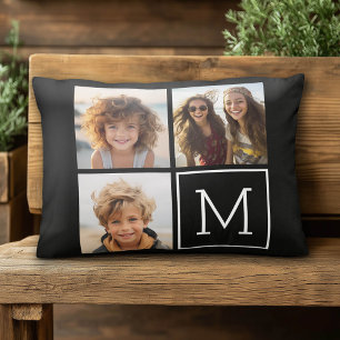Svart och vitt Trendig Photo Collage med Monogram Prydnadskudde
