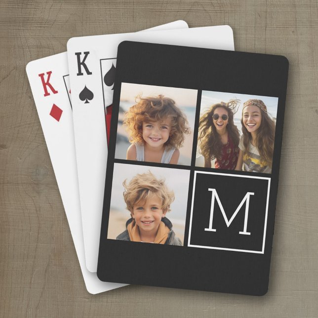 Svart och vitt Trendig Photo Collage med Monogram Spelkort (Personalized playing cards with a fun area to add photos and text such as a name or monogram)