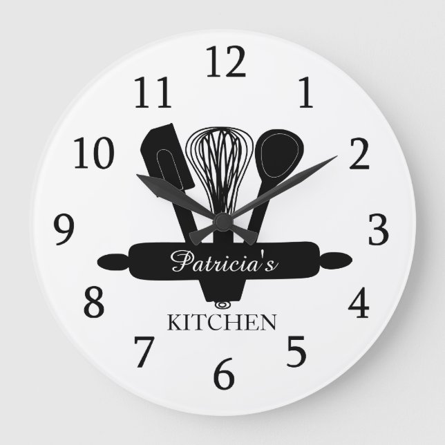 Svart och vitt tvättmedel Kitchen Namn Stor Klocka (Framsida)