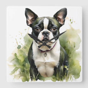 SVART OCH VITT VATTENFÄRG BOSTON TERRIER HUND FYRKANTIG KLOCKA