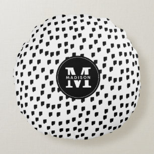 Svart och vitt vattenfärgspensel, Monogram Rund Kudde