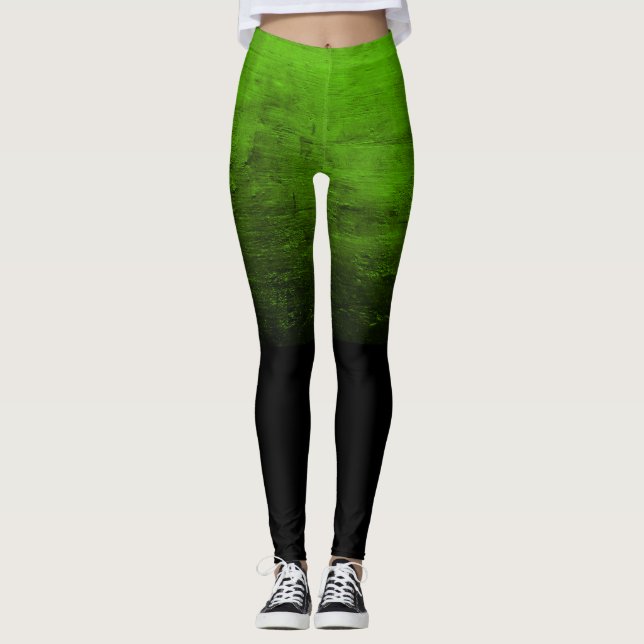 Svart Ombré Distressed Struktur - Grön Leggings (Framsida)