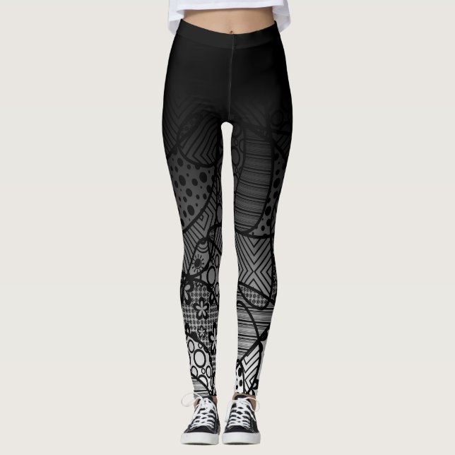 Svart Ombre med svart- & vitmönsterabstrakt 4 Leggings (Framsida)