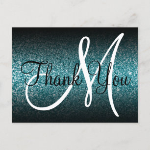 Svart Ombre Teal Glitter Monogram Tack Vykort