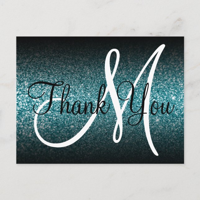 Svart Ombre Teal Glitter Monogram Tack Vykort (Framsida)