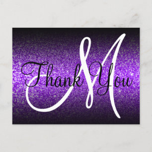Svart Ombre Violett Glitter Monogram Tack Vykort