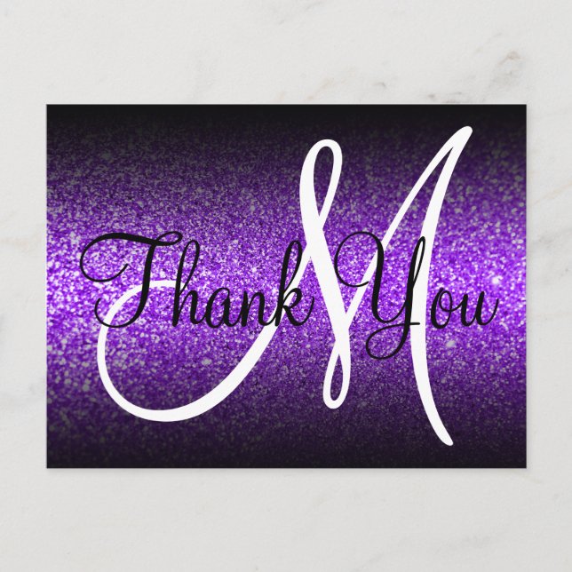 Svart Ombre Violett Glitter Monogram Tack Vykort (Framsida)