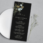 Svart ömtålig WildblomModern Boho Bröllop Meny<br><div class="desc">På den här menyn i elegant bröllop finns handmålade vattenfärgade vilda blommor i gult av smör, grönt av sage, dammig grönt och ljusblå med ett initialer på baksidan. Om du vill ha en mer avancerad anpassning av den här designen klickar du på BLUE DESIGN VERKTYG ovan! Matchande objekt är också...</div>
