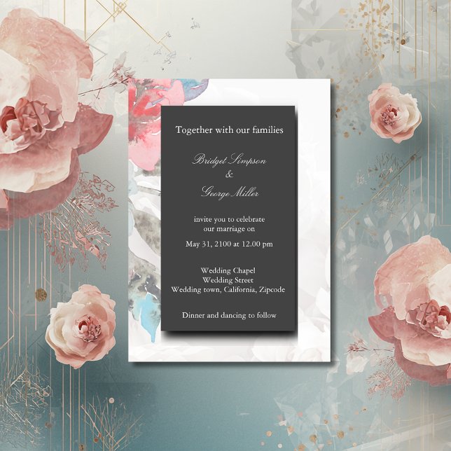 Svart onyx-blommigt-buskblomma ro bröllop inbjudningar (Skapare uppladdad)