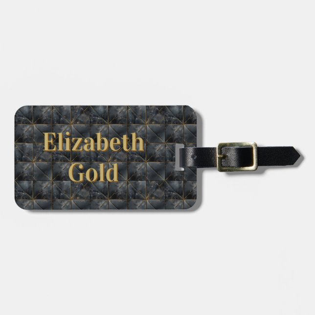 Svart Onyx Rutigt Mönster Namn Monogram Bagagebricka (Horisontell Framsida)