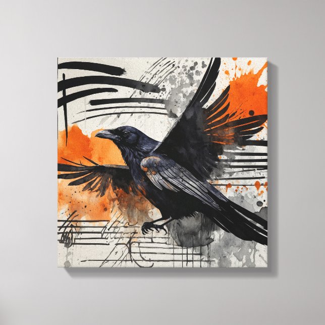Svart Orange Abstrakt Bird Watercolor wall art Canvastryck (Framsida)