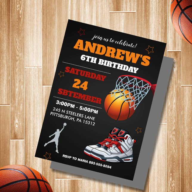 Svart Orange Basket Födelsedagsinbjudan Inbjudningar (modern black and orange bascketball birthday invitation)