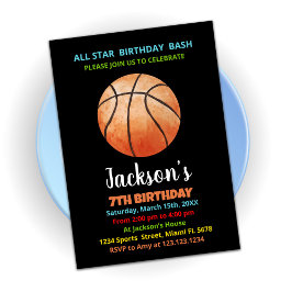 Svart Orange Basketball Birthday-inbjudan Inbjudningar
