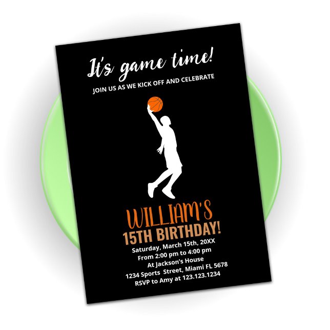 Svart Orange Basketball Birthday-inbjudan Inbjudningar (Skapare uppladdad)