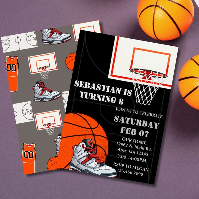 Svart Orange Basketball Birthday-inbjudan Inbjudningar (Basketball Birthday Invitation, )